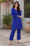 2 Pcs Women's Stitched Linen Block Printed Shirt And Trouser
