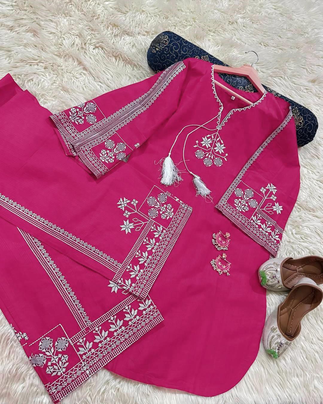 Pink Aari Embroidered Shirt 2Pcs Set - Image 5