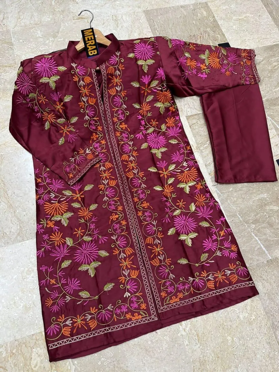 Maroon Embroidered Shamoz Silk Gown Set for Women - Image 3