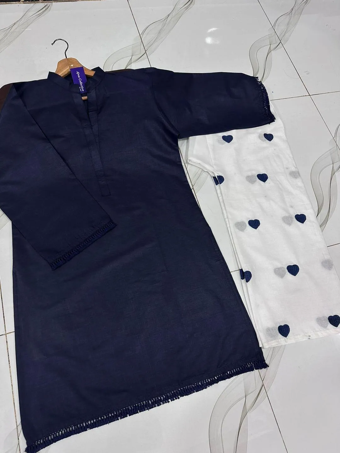 Women's Navy Blue Kurta with White Polka Dot Pants - Image 2