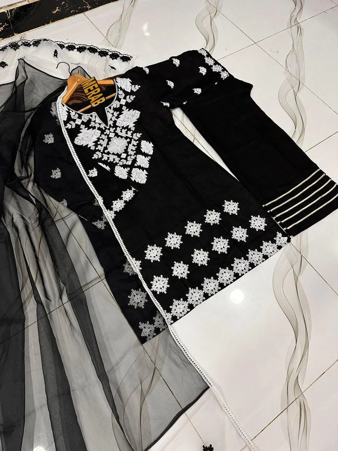 Black Embroidered 3Pcs Cotton Set with Organza Dupatta - Image 4