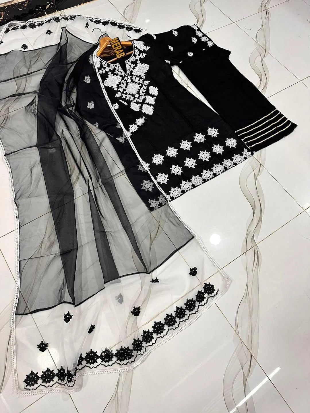 Black Embroidered 3Pcs Cotton Set with Organza Dupatta - Image 3
