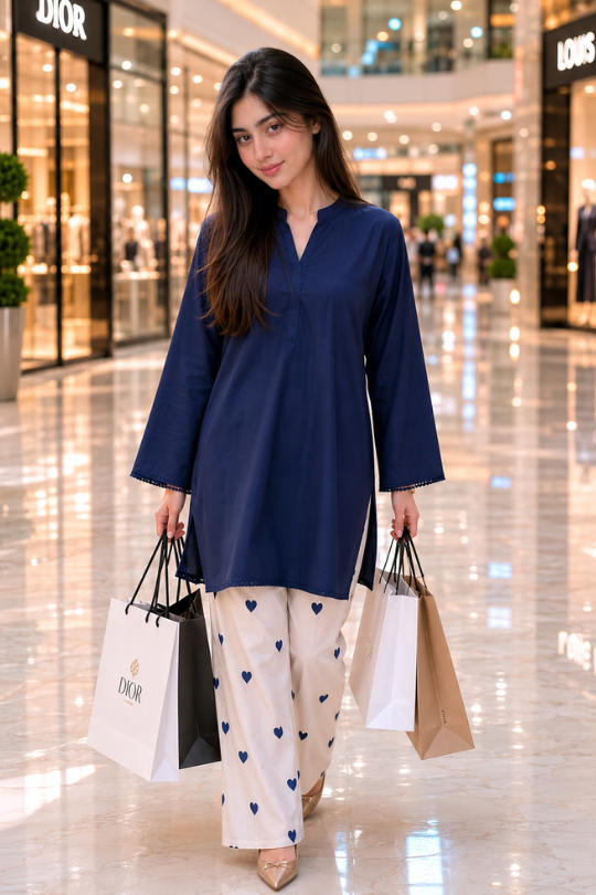Women's Navy Blue Kurta with White Polka Dot Pants