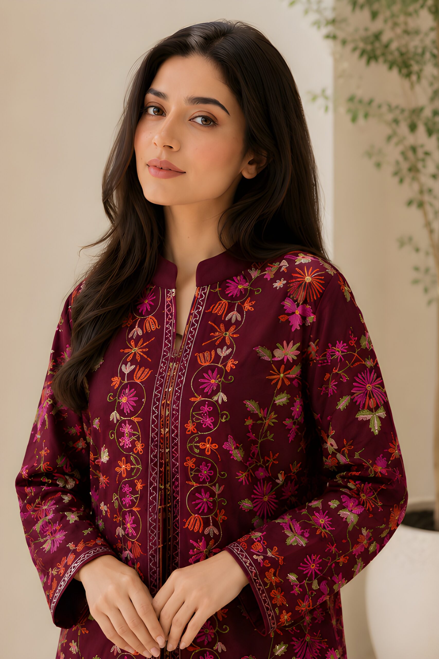 Maroon Embroidered Shamoz Silk Gown Set for Women - Image 2