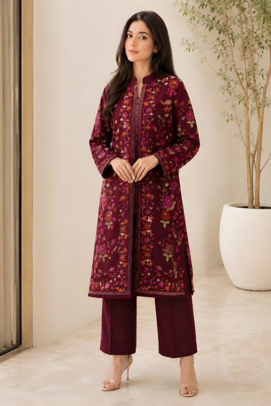 Maroon Embroidered Shamoz Silk Gown Set for Women