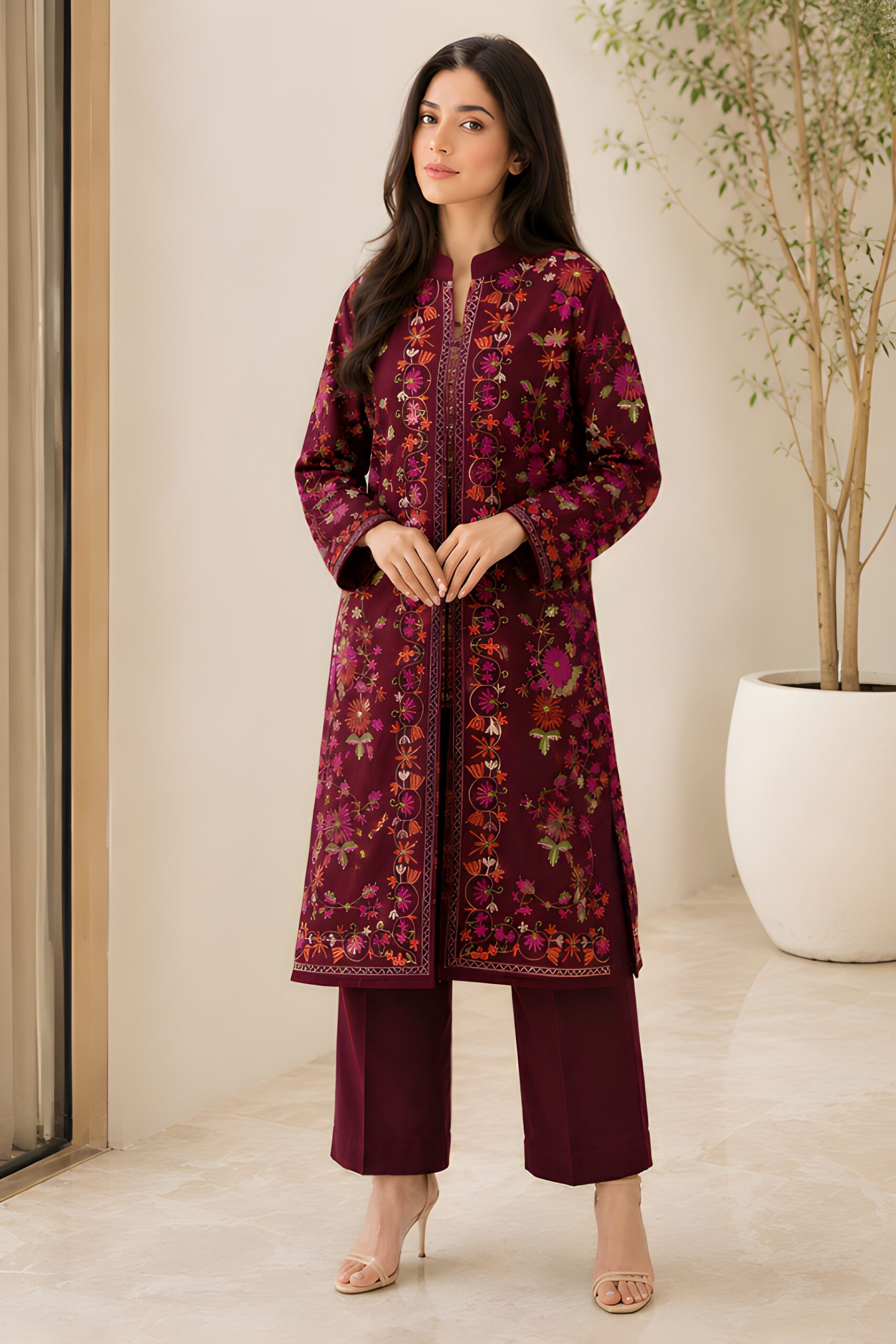 Maroon Embroidered Shamoz Silk Gown Set for Women