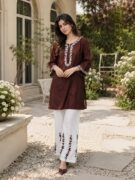 Women Embroidered Cotton Shirt & Flapper Set Brown