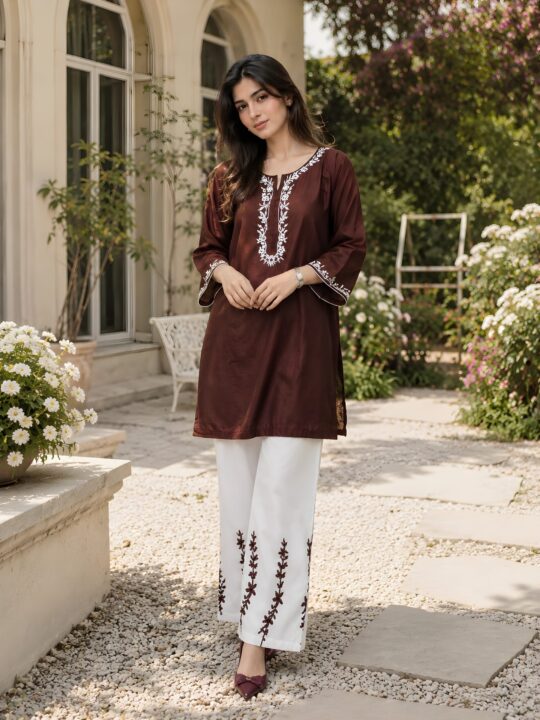 Women Embroidered Cotton Shirt & Flapper Set Brown