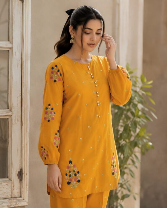 Yellow Embroidered 2-Piece Cotton Set for Women