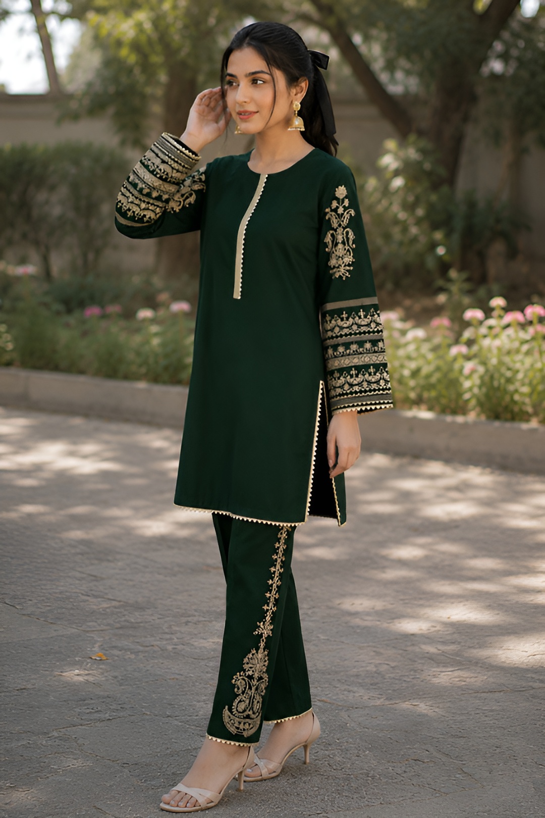 Green Shamoz Silk 2-Piece Embroidered Set - Image 3