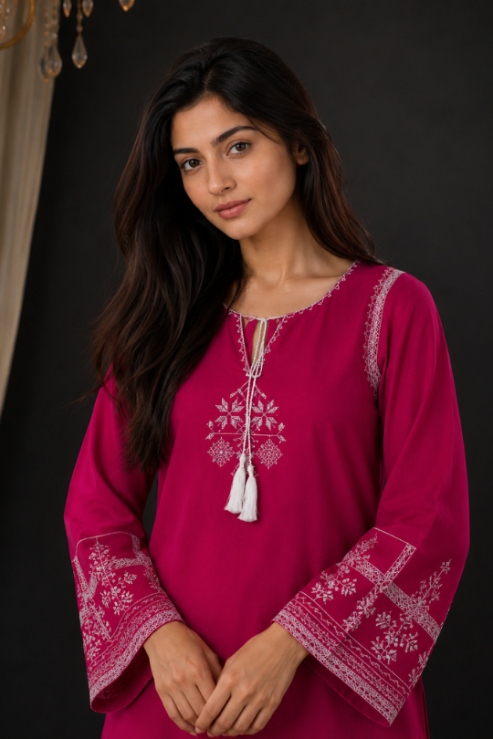 Pink Aari Embroidered Shirt 2Pcs Set - Image 2