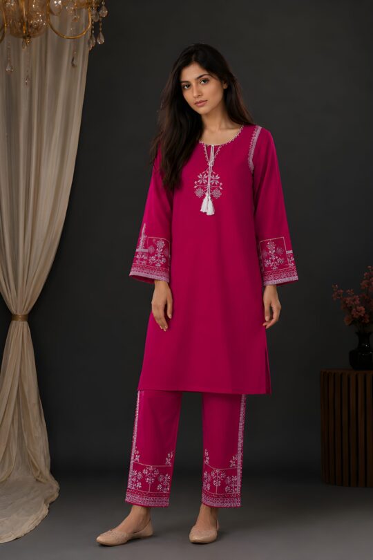 Pink Aari Embroidered Shirt 2Pcs Set