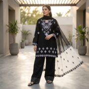 Black Embroidered 3Pcs Cotton Set with Organza Dupatta