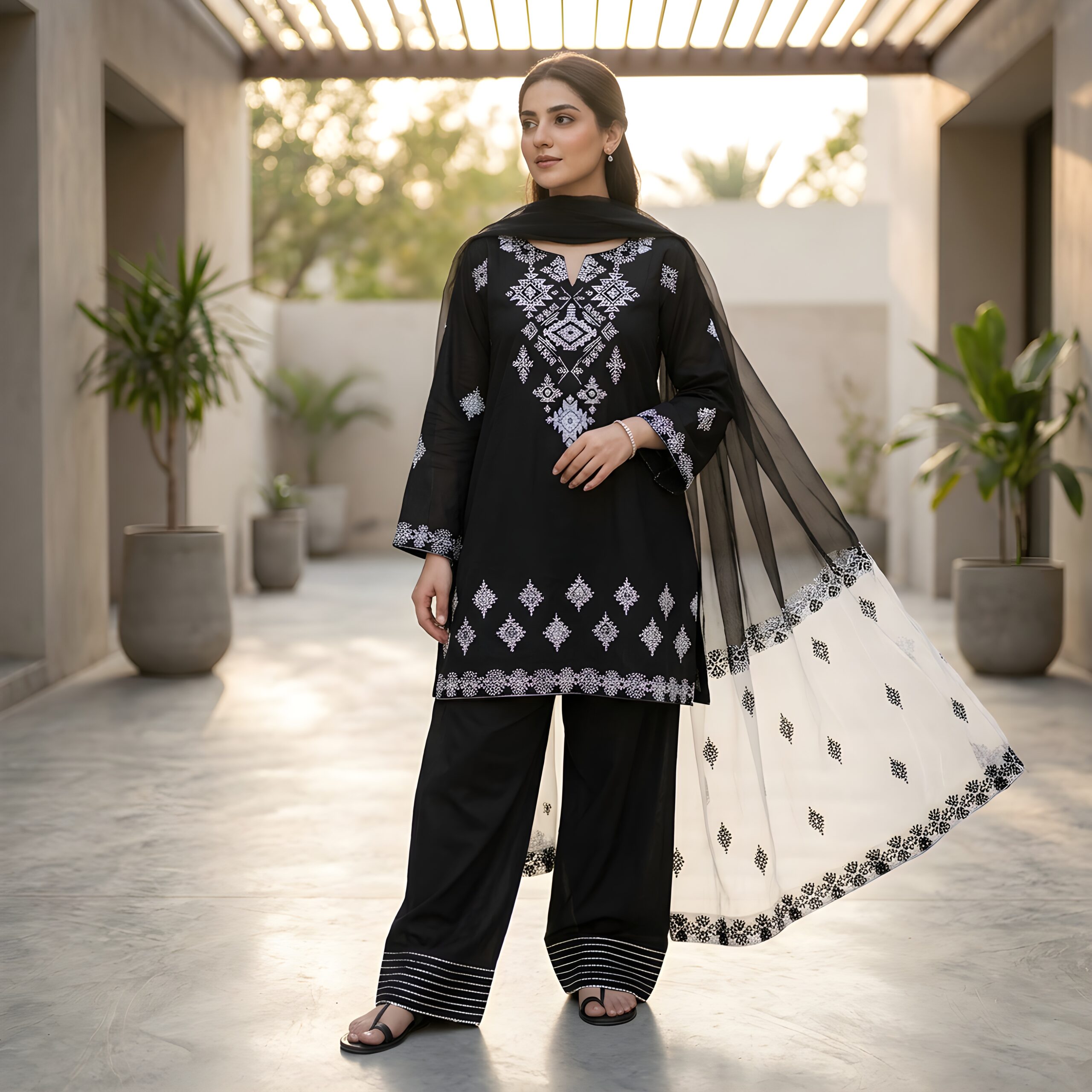 Black Embroidered 3Pcs Cotton Set with Organza Dupatta