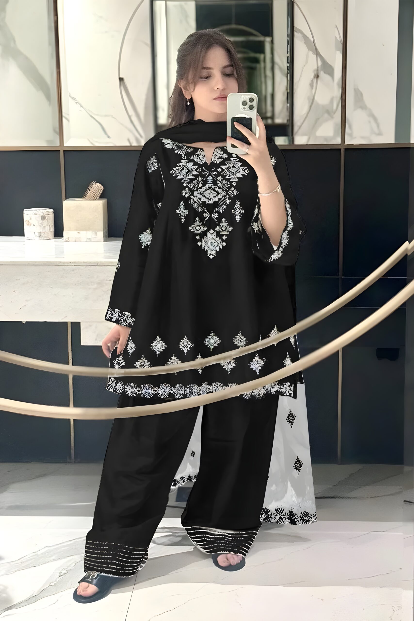 Black Embroidered 3Pcs Cotton Set with Organza Dupatta - Image 2