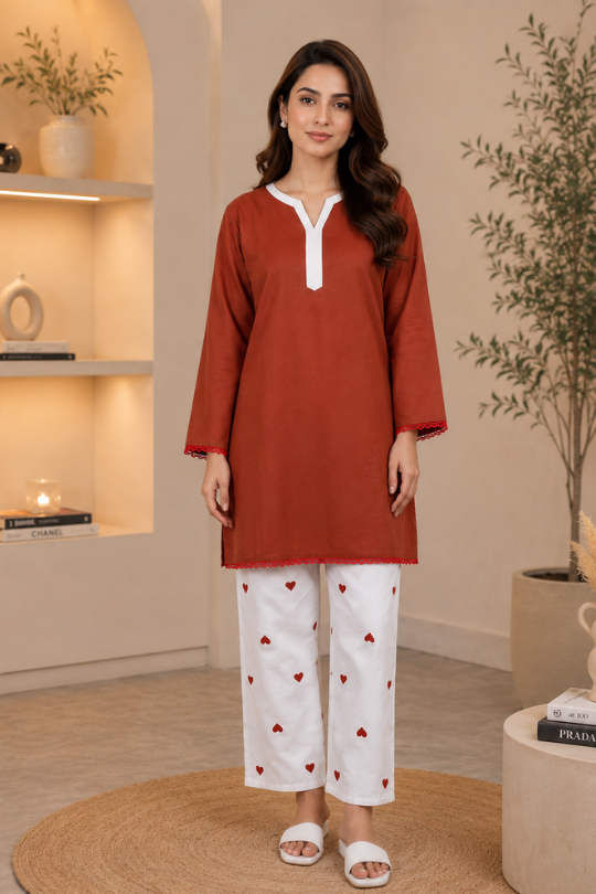 Brown Lawn Embroidered Kurta Set Medium