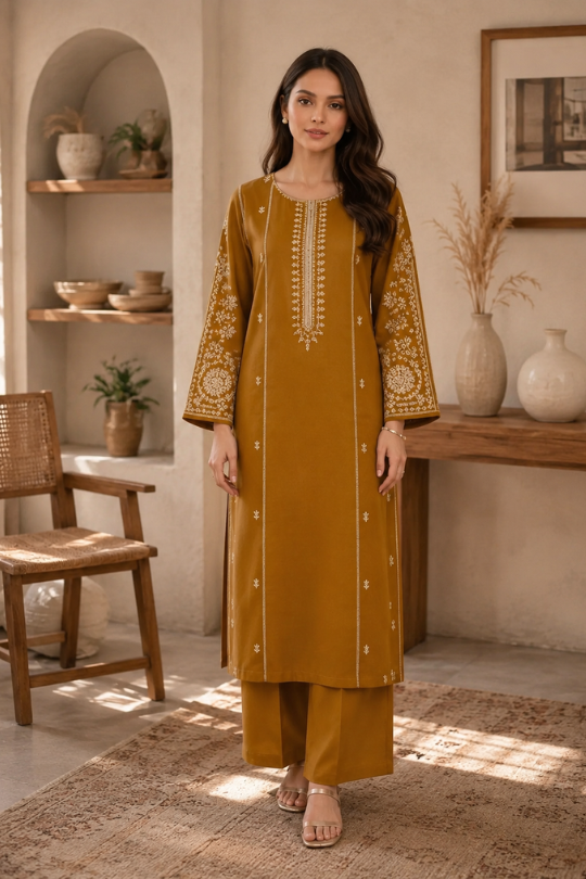 Women's Golden Embroidered Kurta Pajama Set
