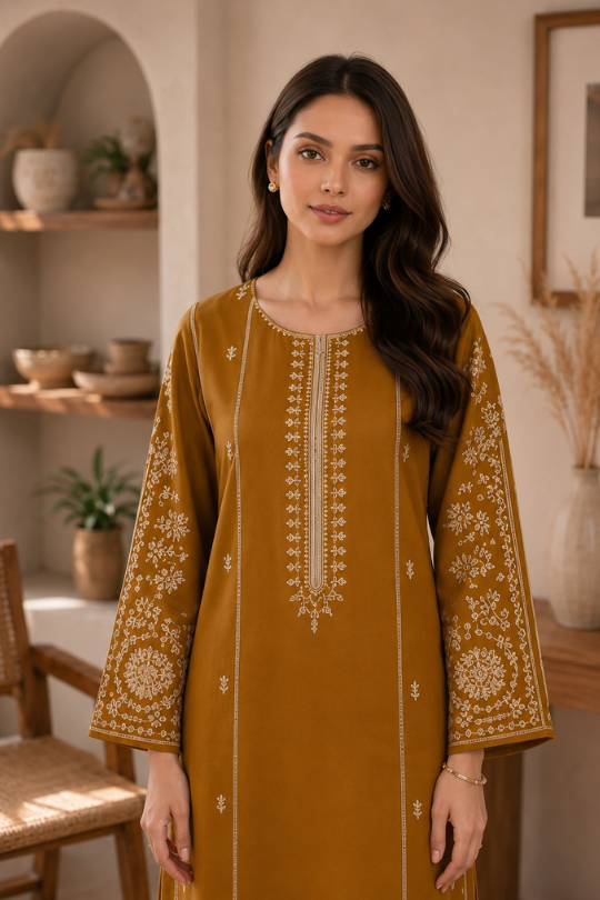 Women's Golden Embroidered Kurta Pajama Set - Image 2