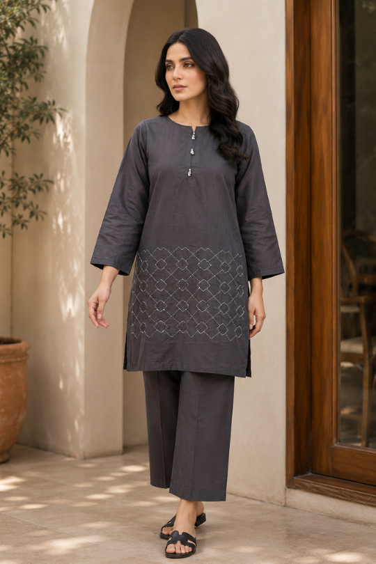 1 Pc Women's Stitched Arabic Lawn Embroidered Shirt