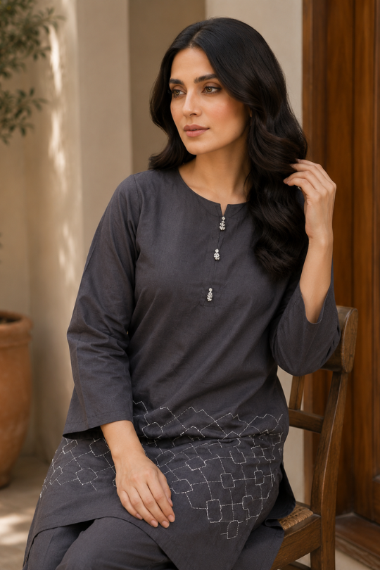 1 Pc Women's Stitched Arabic Lawn Embroidered Shirt - Image 2