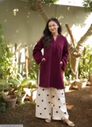 2 Pcs Women's Stitched Cotton Plain Shirt And Trouser