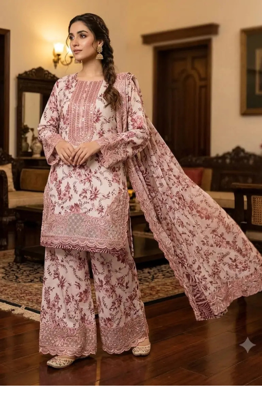 3 Pcs Women's Stitched Lawn Embroidered Suit