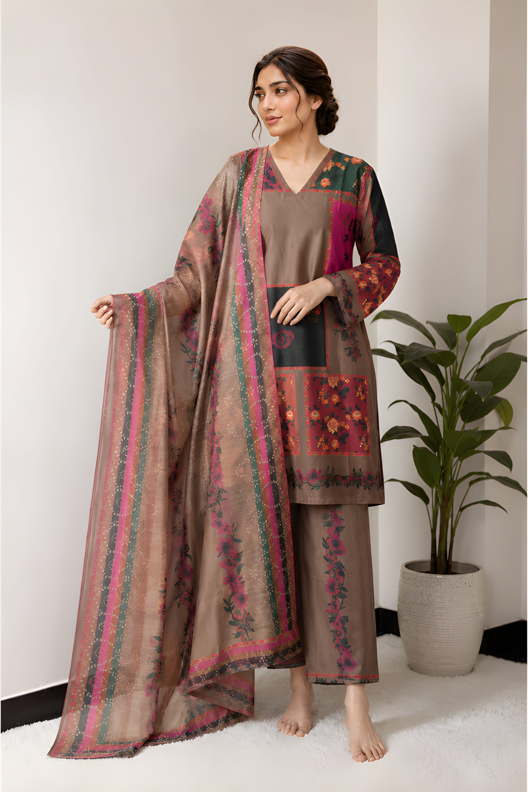 Doria Lawn 3Pc Suit Brown Pink 21" Set