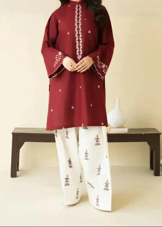 Maroon Embroidered 2 Piece Suit for Women