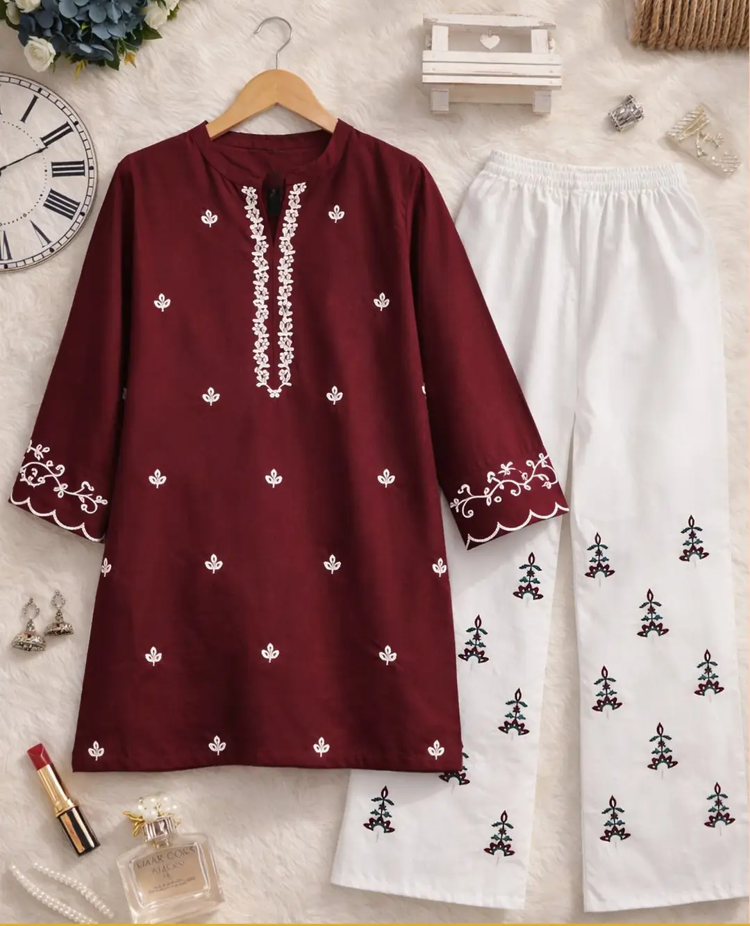 Maroon Embroidered 2 Piece Suit for Women - Image 3