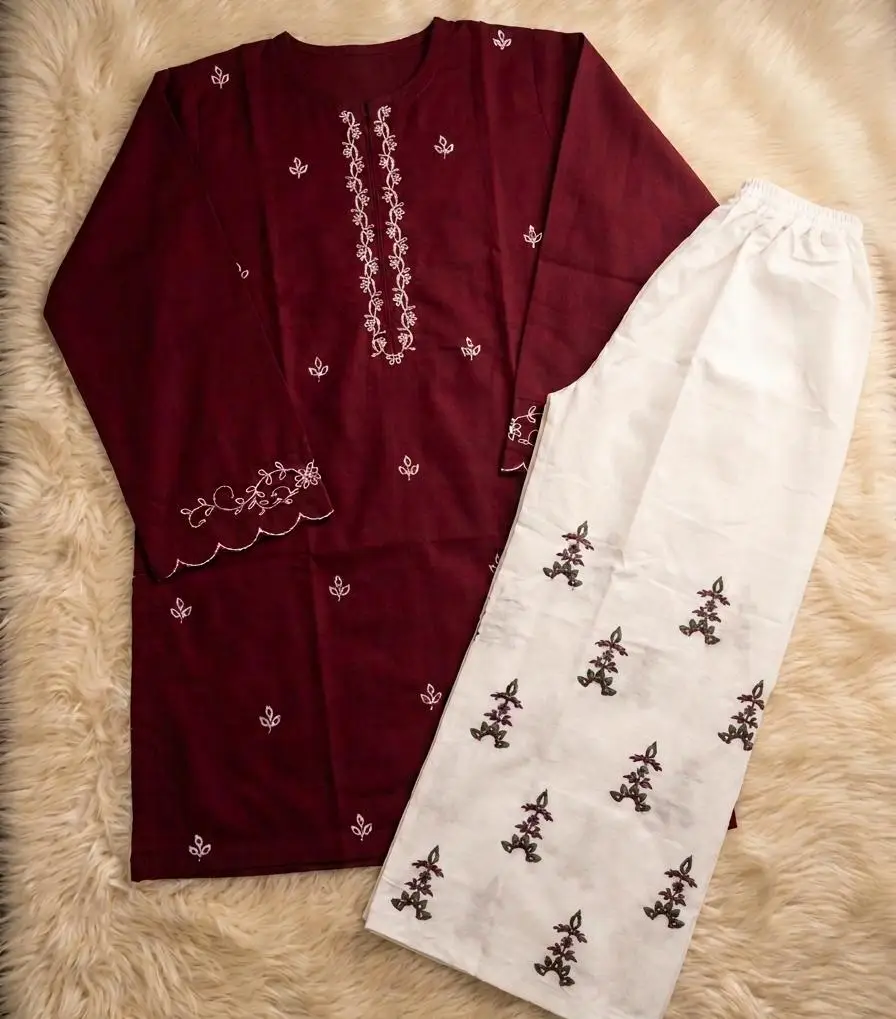 Maroon Embroidered 2 Piece Suit for Women - Image 2