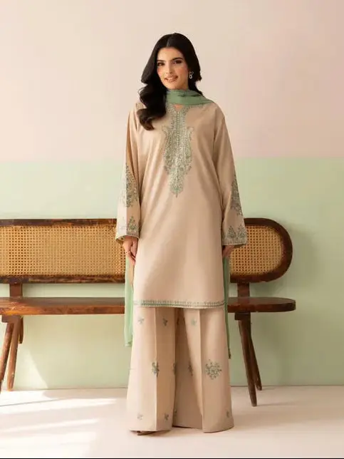 Beige Embroidered 3 Piece Suit for Women | Zarviaa