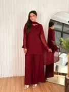 Maroon Chiffon 3Pc Suit with Dori Work | Zarviaa