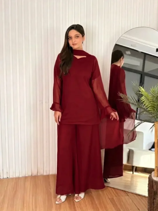 Maroon Chiffon 3Pc Suit with Dori Work | Zarviaa
