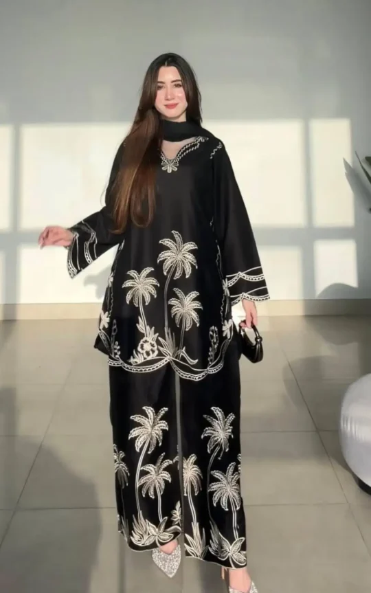 Black Embroidered Farshi Shalwar 2Pc Suit | Zarviaa