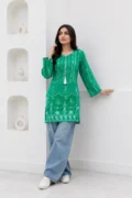 Green Block Printed Arabic Lawn Shirt | Zarviaa