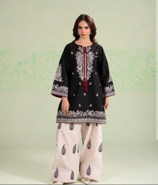 2 Pcs Black Embroidered Cotton Shirt & Trouser | Women's Suit